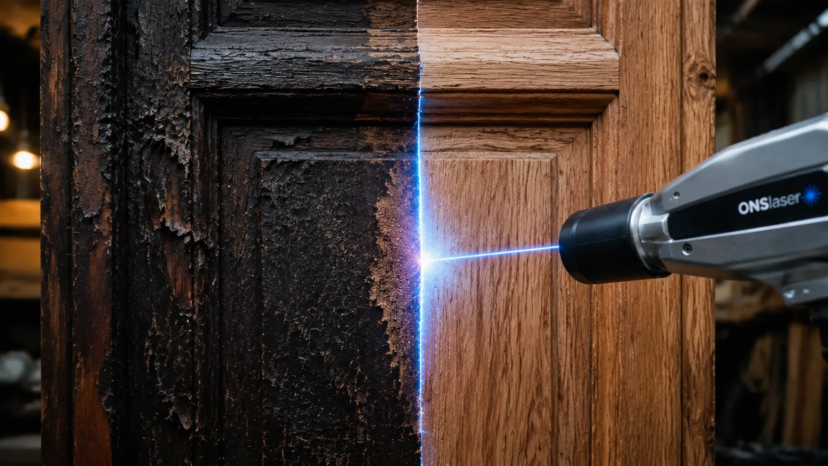 Handheld pulsed laser wood stripping machine removing old paint from antique oak panel, showing dramatic before and after contrast.