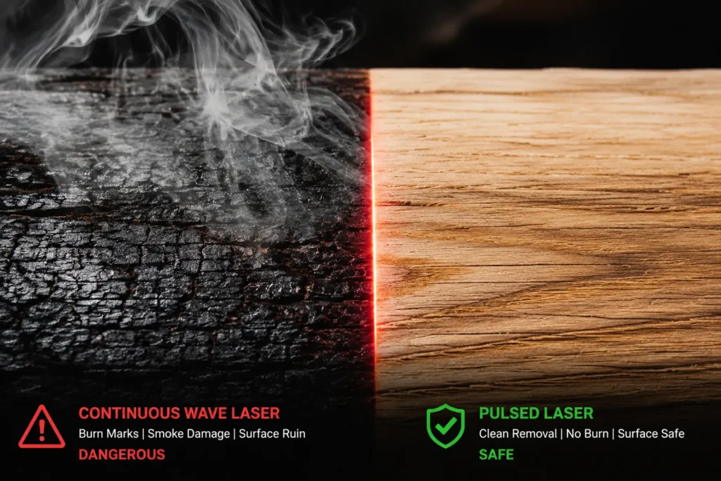 Side by side comparison showing surface damage from a continuous wave laser versus clean results from a pulsed laser on timber.