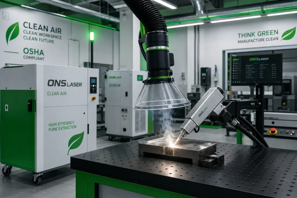 Eco-friendly laser cleaning workstation equipped with integrated fume extraction package for compliance.