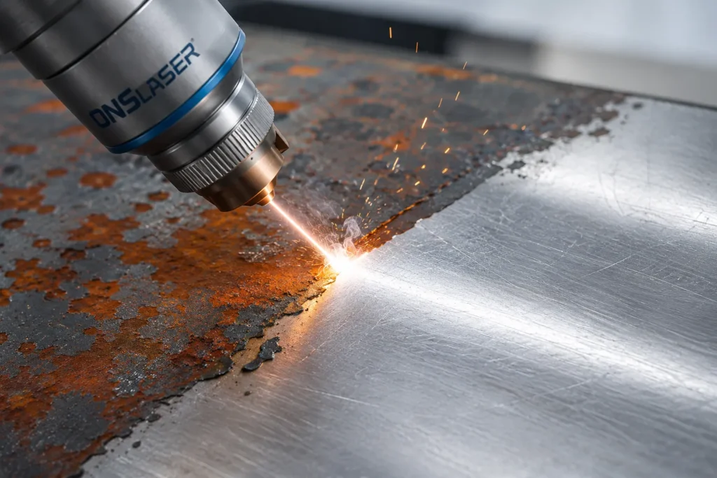 Handheld laser cleaning process showing rust and paint removal from a steel substrate.