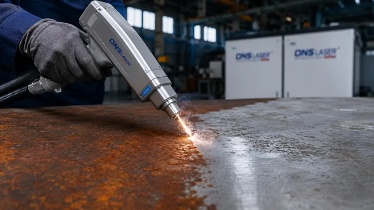 ONSlaser handheld fiber laser cleaning machine removing rust from industrial steel plate.