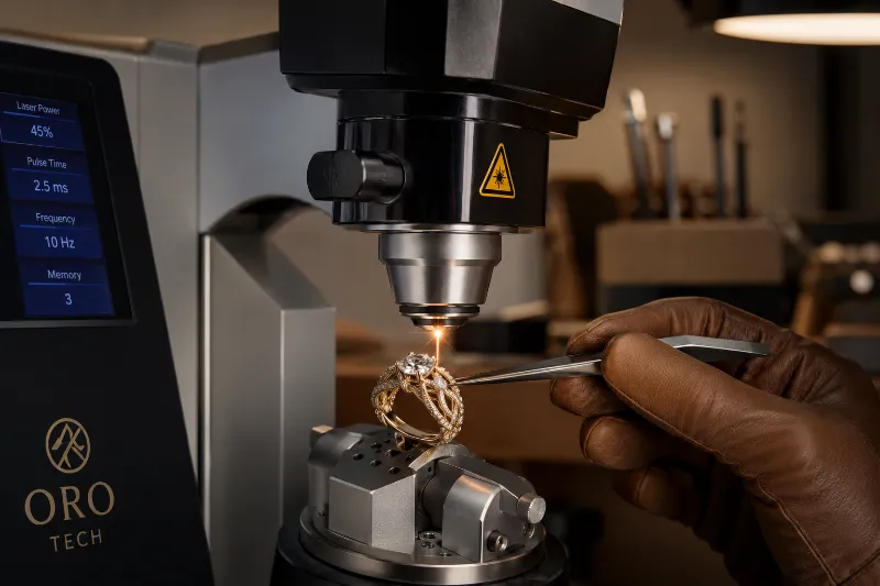 Gold and platinum ring with diamonds being repaired on a precision benchtop micro-welder in a luxury goldsmith's studio.