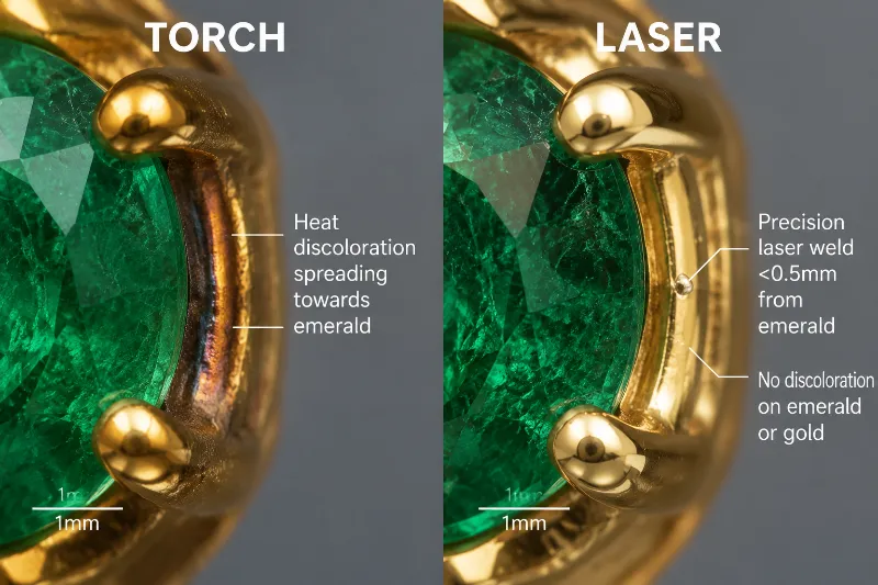 Microscopic view contrasting the localized weld spot of a desktop welder next to a fragile emerald prong with an old-style torch-heated area.