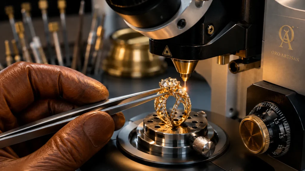 Gold and platinum ring with diamonds being repaired on a precision benchtop micro-welder in a luxury goldsmith's studio.