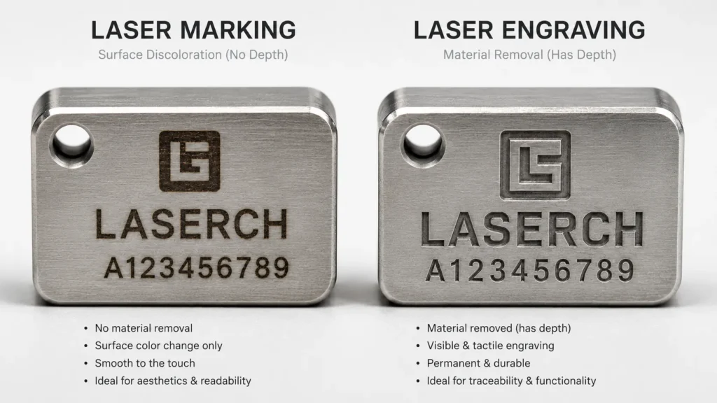 Laser marking vs engraving visual comparison on industrial metal parts showing surface change vs deep groove.