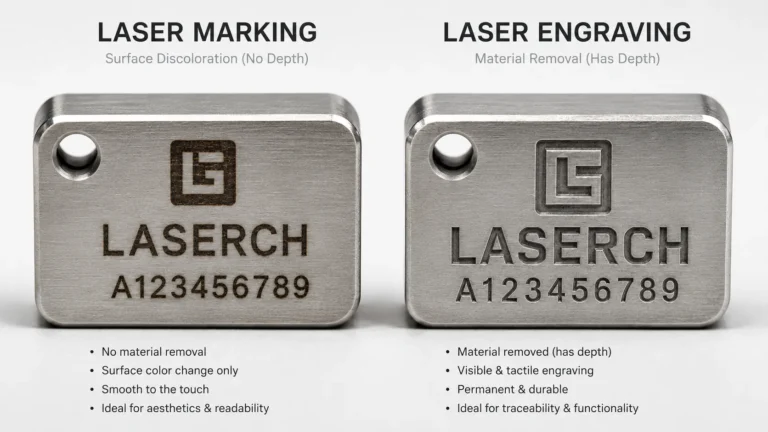 Laser marking vs engraving visual comparison on industrial metal parts showing surface change vs deep groove.