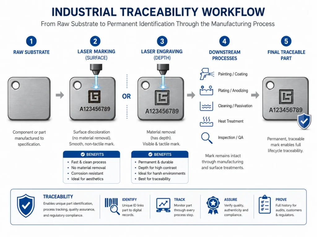 Industrial traceability workflow diagram showing laser marking vs engraving stages.