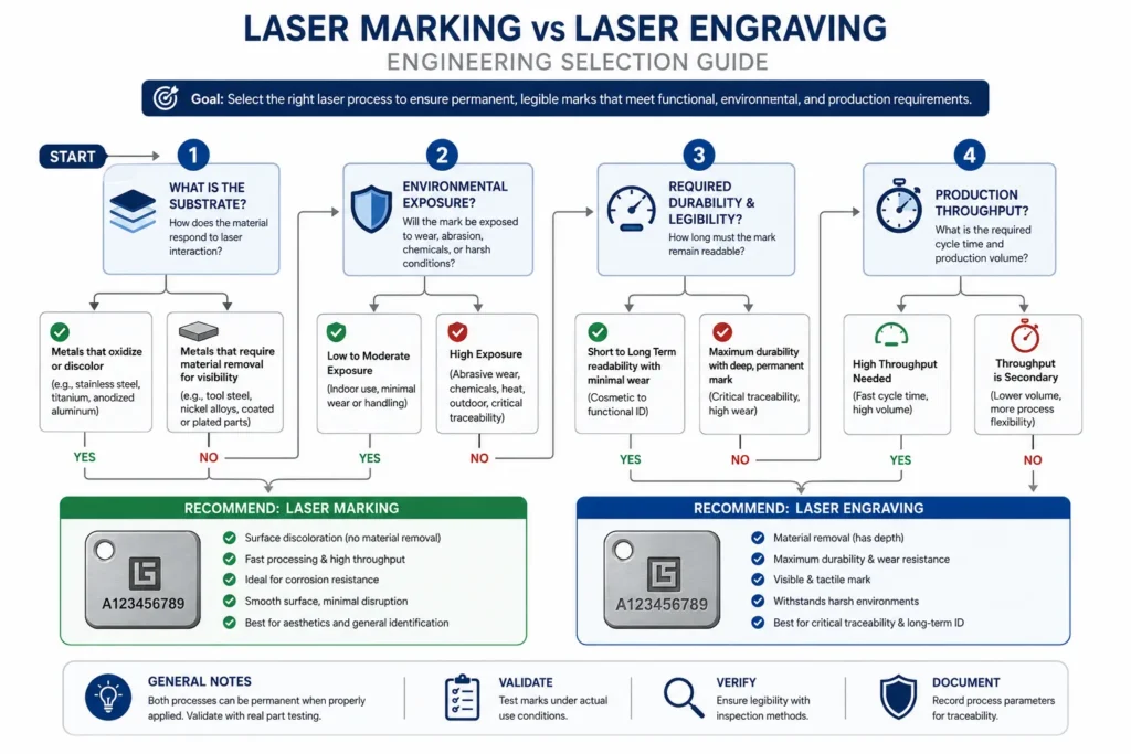 Decision tree flowchart diagram for choosing between laser marking and laser engraving machines.