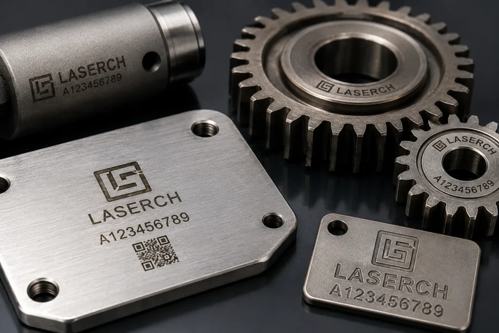 High-quality finished industrial components showcasing both high-speed marking and deep durable engraving.