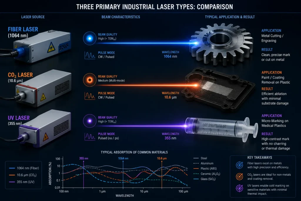Technical infographic comparing three laser sources: fiber laser (1064 nm) for metals, CO2 laser (10.6 µm) for coatings and organics, and UV laser (355 nm) for thermal-free micro-marking of sensitive polymers.