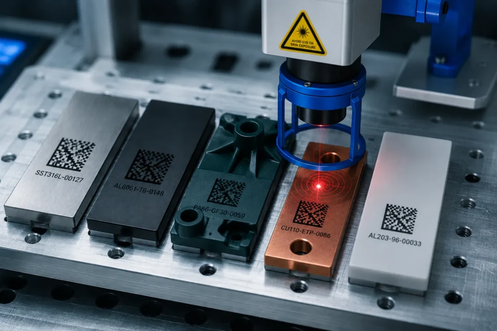 Macro photography of five different material test samples – stainless steel, anodized aluminum, polymer, copper and ceramic – on a clamping device positioned under a test laser to determine spectral absorption and marking quality.