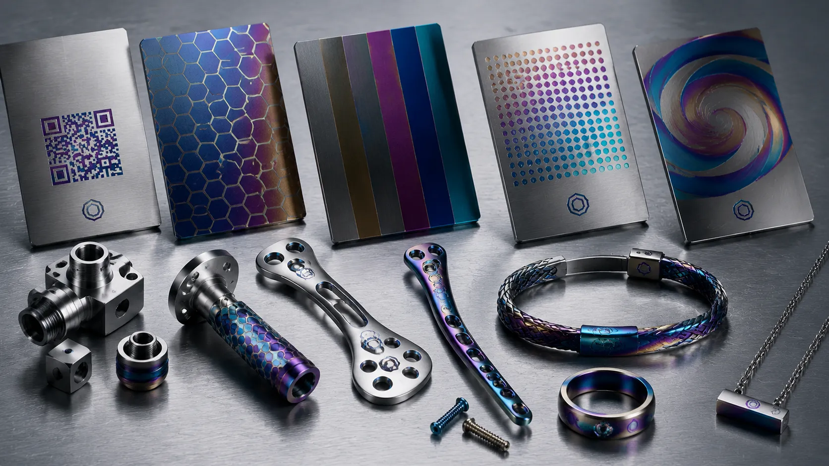 MOPA fiber laser marking machine creating a precise multi-colored corporate logo on a stainless steel surface through thin-film oxidation.