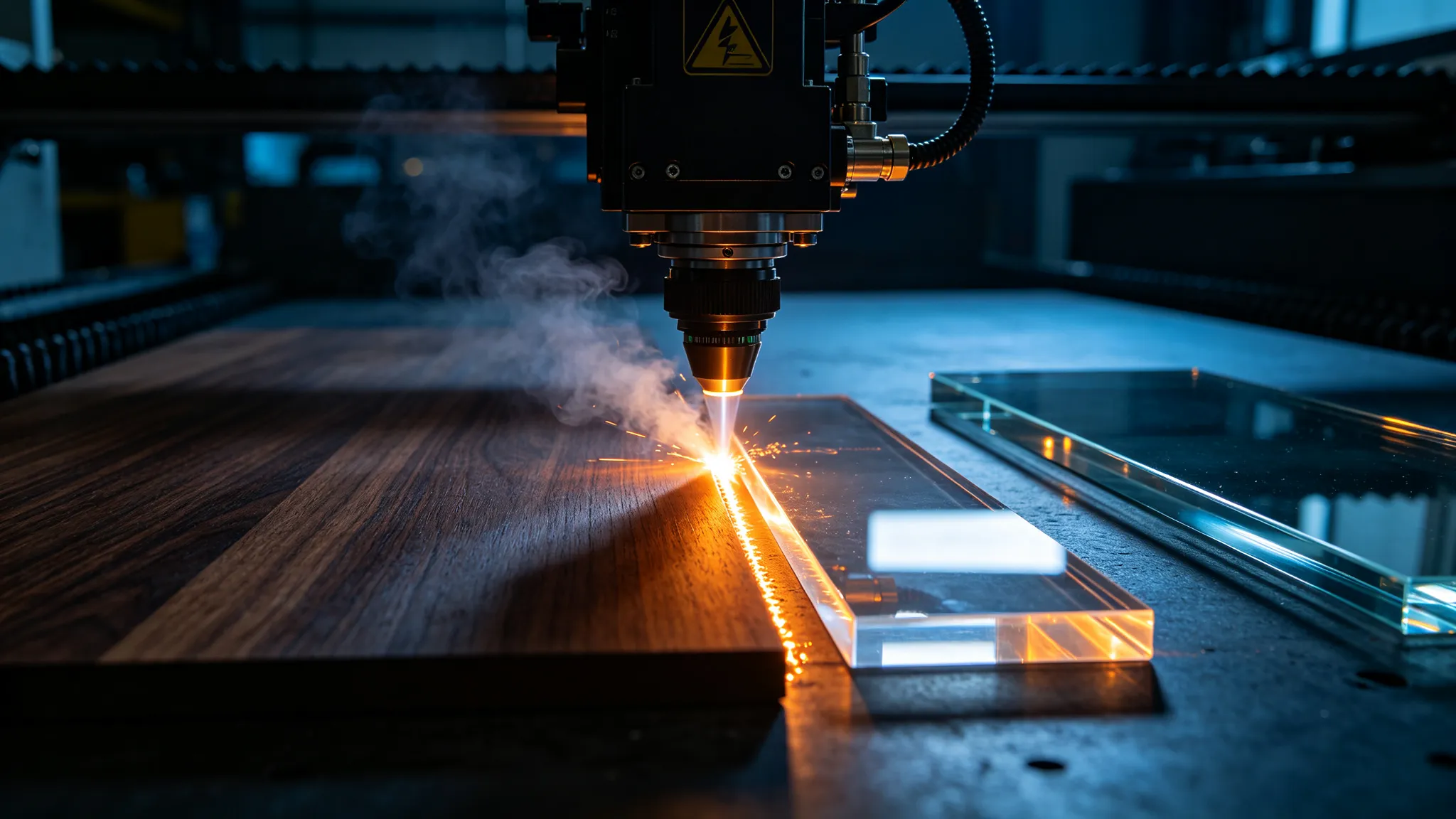 CO2 laser marking machine engraving wood, acrylic, and glass packaging in modern workshop