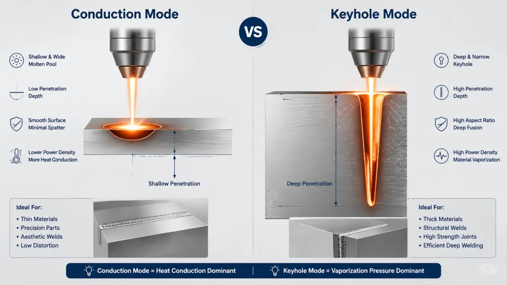 fiber laser welding workstation with conduction and keyhole applications shown side-by-side