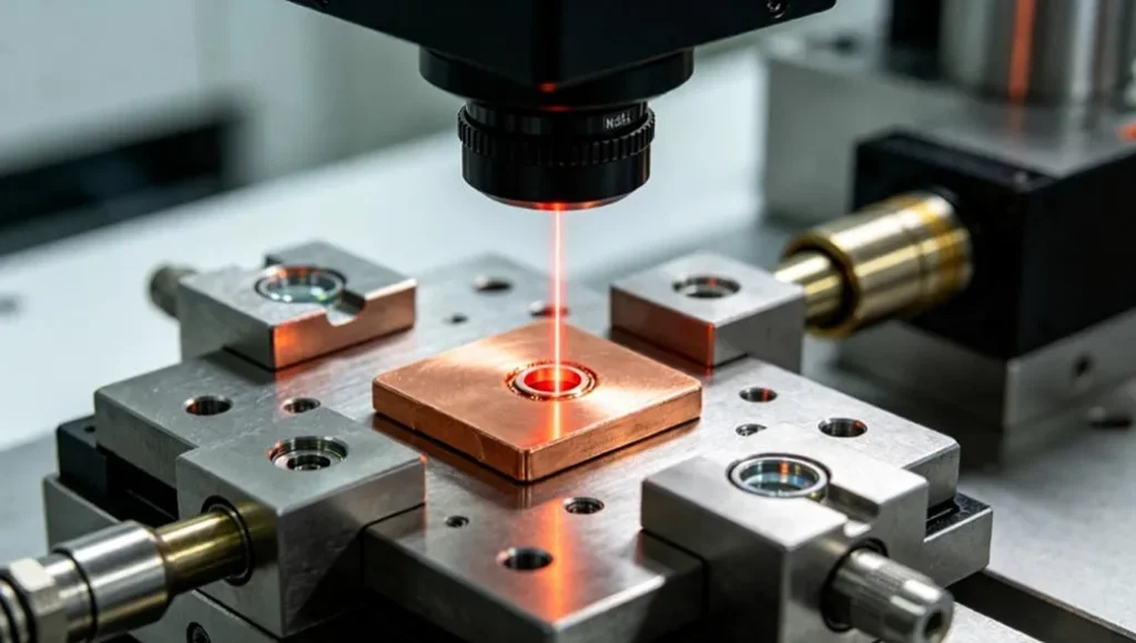 Pulsed Nd:YAG laser welder performing micro-spot fusion on a heat-sensitive metal part using 1064nm pulse thermal control.