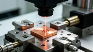 Pulsed Nd:YAG laser welder performing micro-spot fusion on a heat-sensitive metal part using 1064nm pulse thermal control.